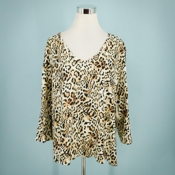 Chico's 3 Size XL Cotton Slub V Neck Animal Print 3/4 Sleeve Cotton Blend Top - Picture 1 of 6